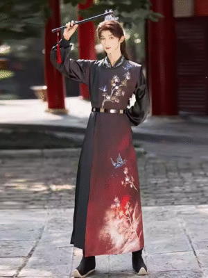 Tang Dynasty printed cross-collar long gown for men